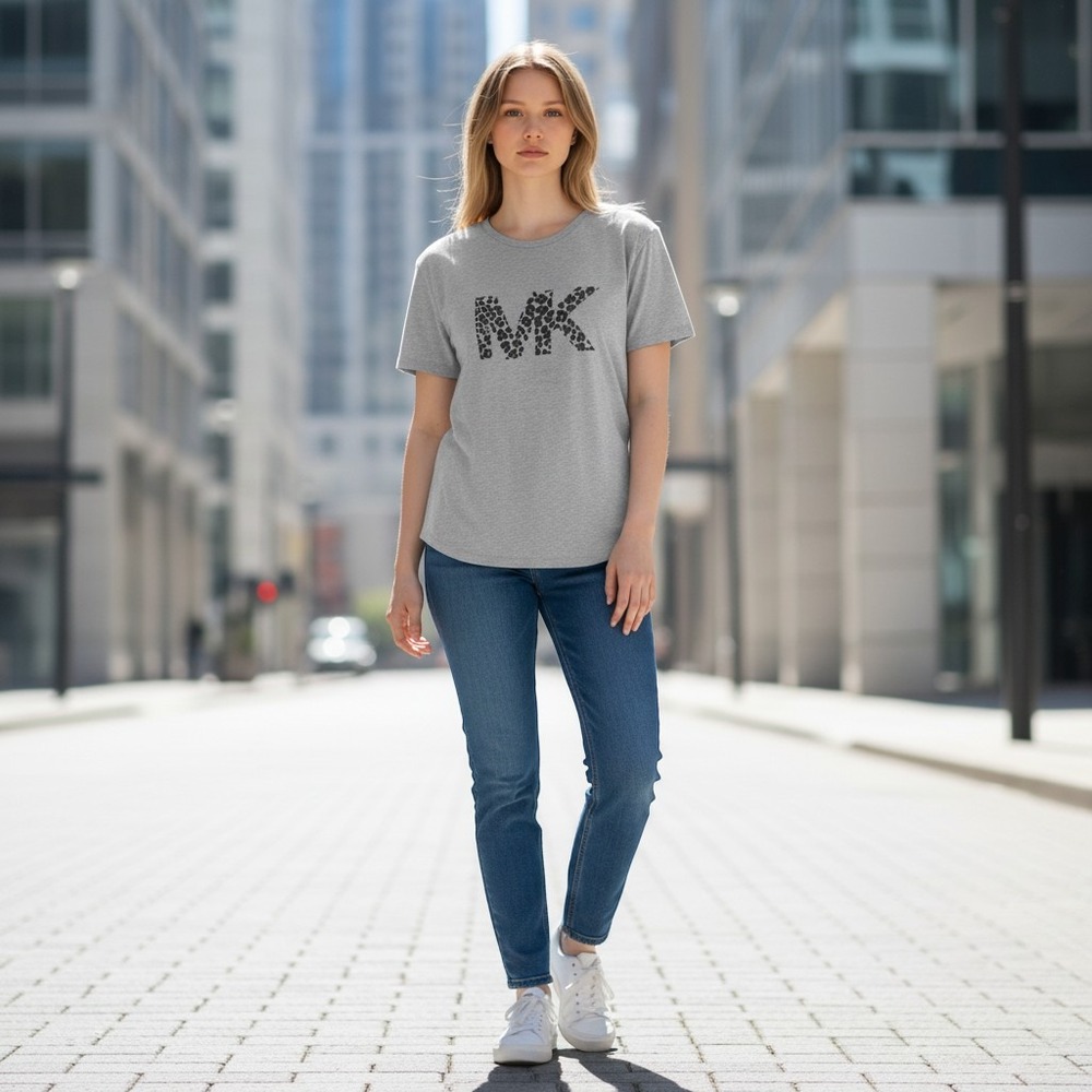 Michael Michael Kors Women T Shirt 1X Gray Leopard Print Logo Short Sleeve
